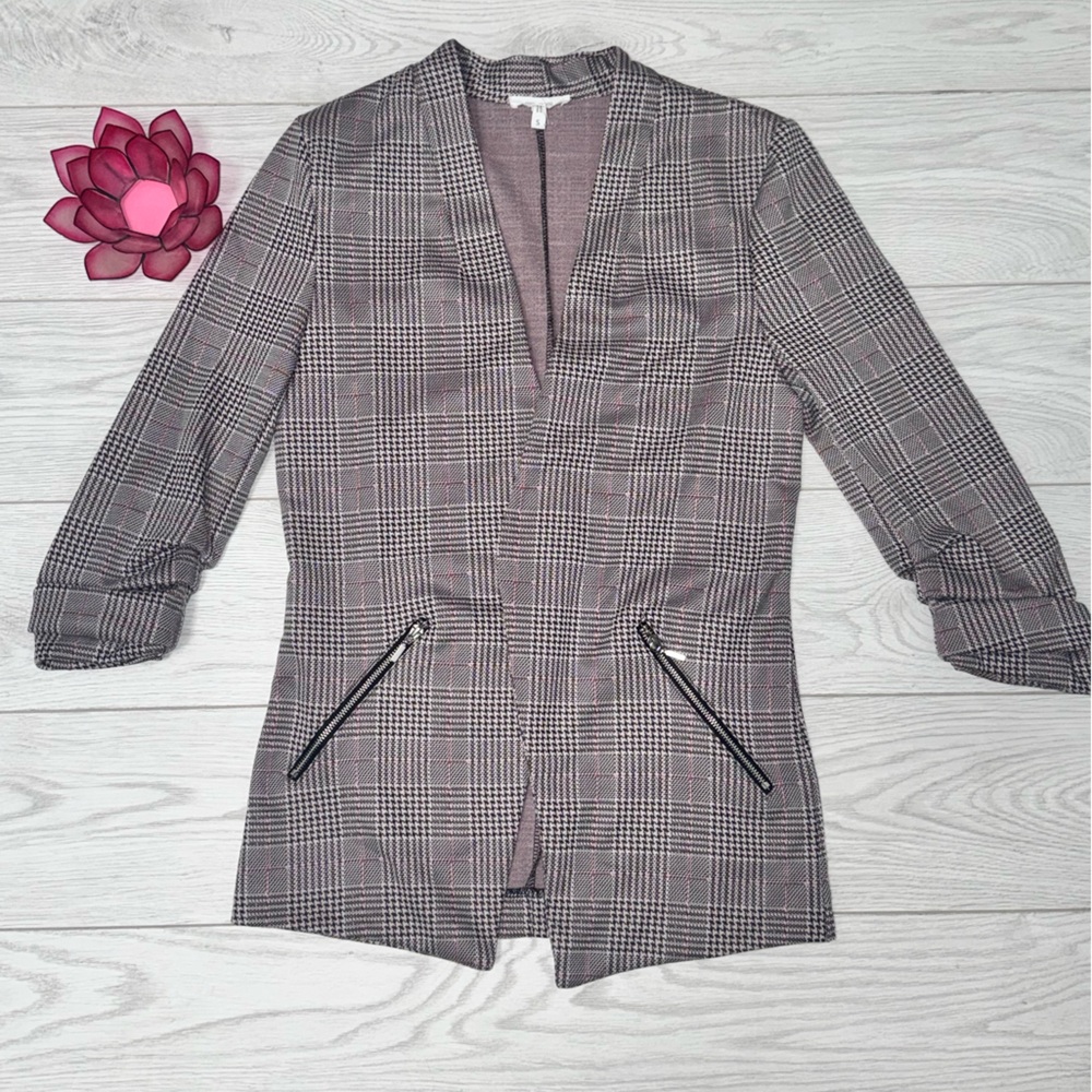 Maurices Gray & Pink Plaid Blazer with Zipper Accents